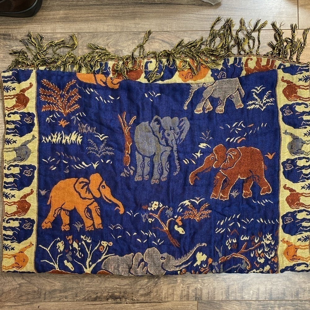 Cashmere Scarf Wrap Brown and Blue w/ Elephant and Camel novelty print 64” x 24” - Picture 4 of 6